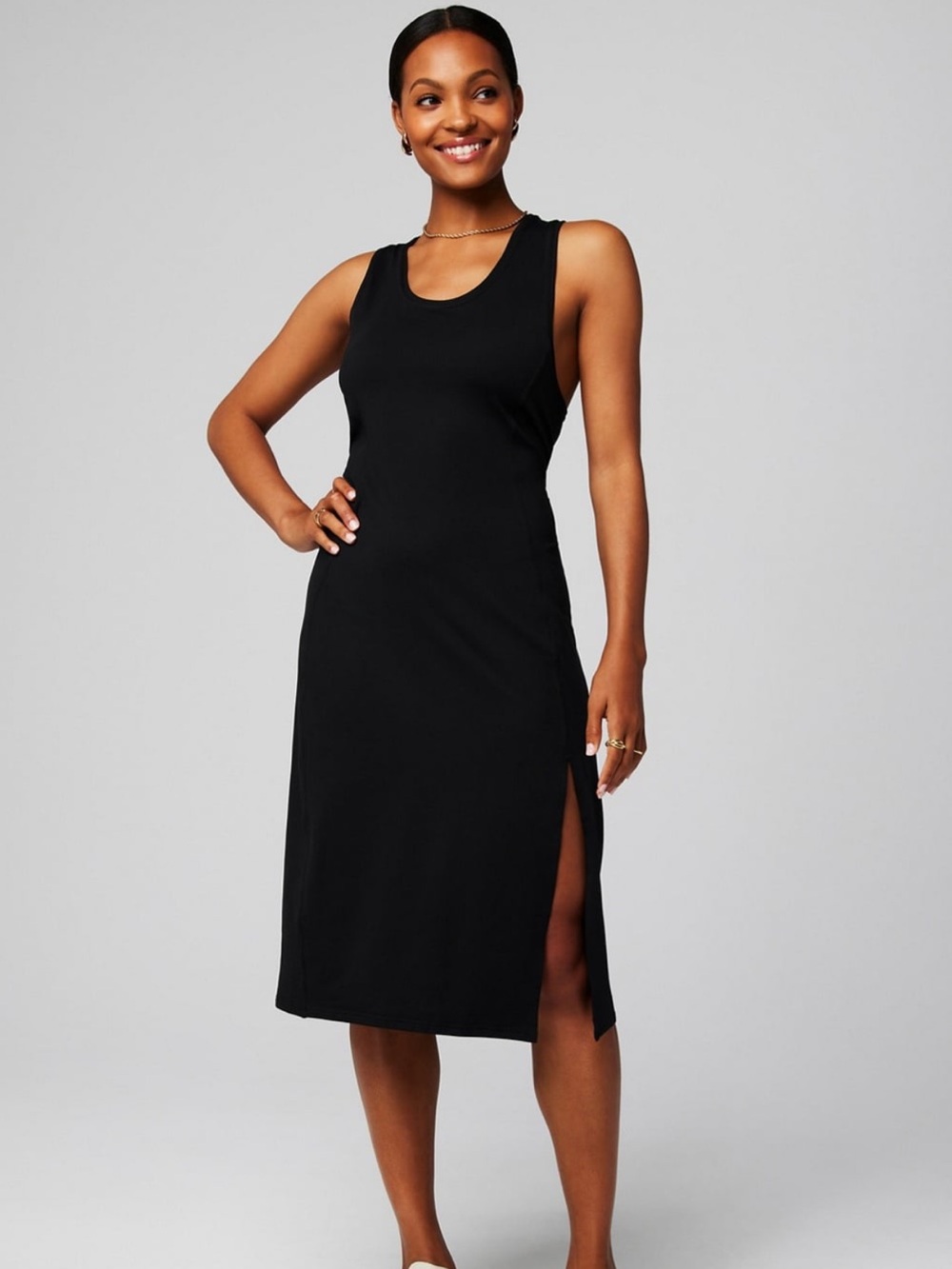 Fabletics Black Sleeveless Midi Tank Dress with Side Slit NWT